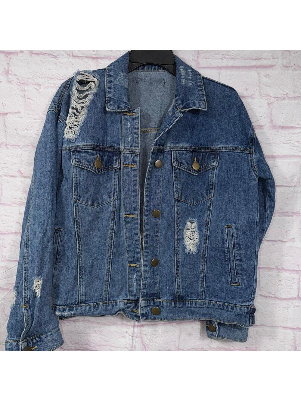 Womens Distressed Denim Jacket Medium Wash Oversized Trucker Style
